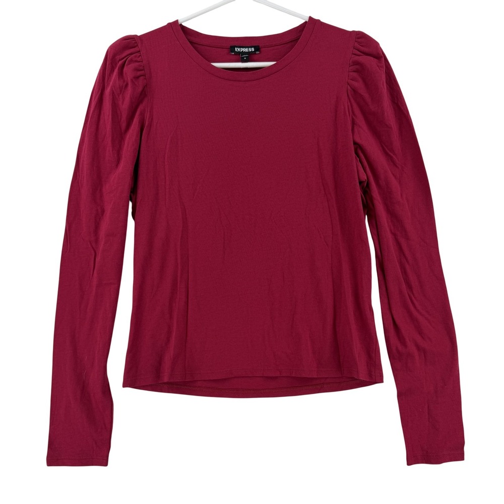 Express Shirt Womens Medium Red Puff Sleeve Crew Neck Long Sleeve Tee Top NWT